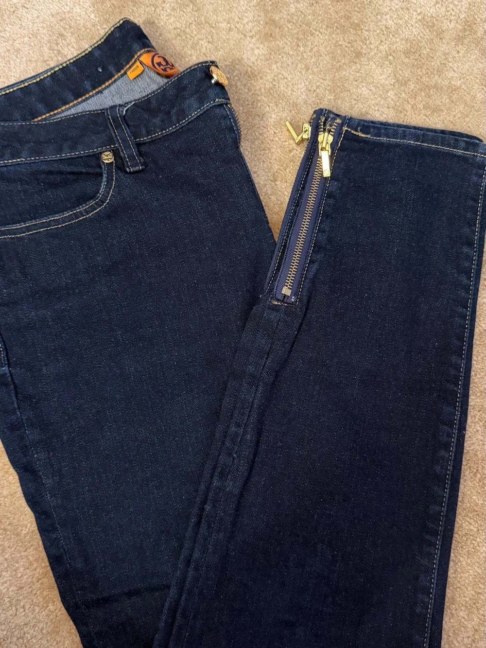 Tory Burch Dark Indigo Skinny Jeans with Gold Zipper